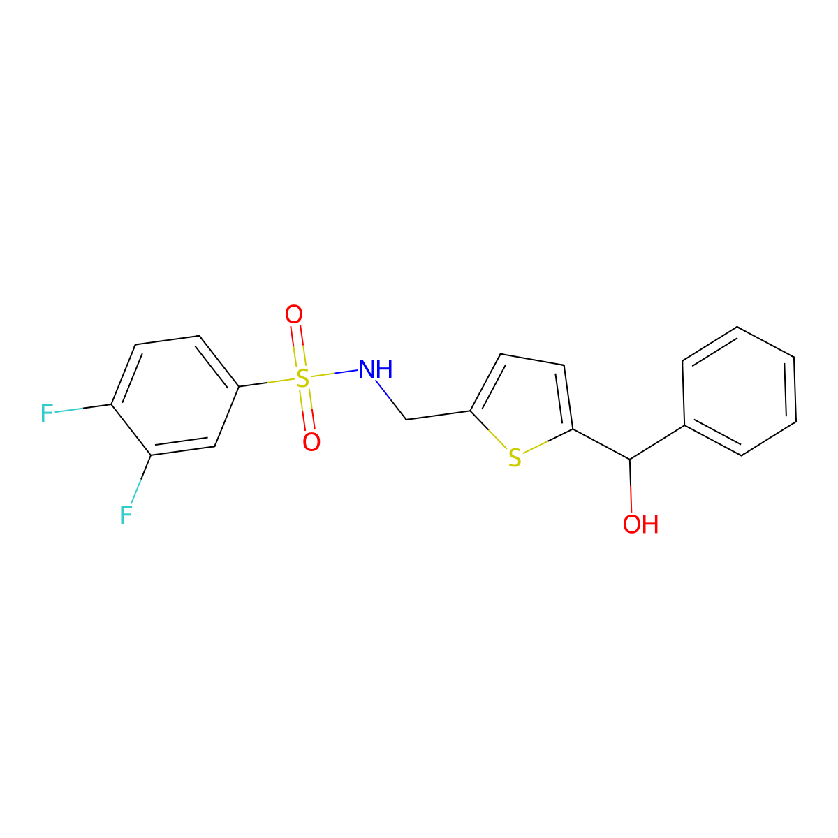 3,4-difluoro-N-((5-(hydroxy(phenyl)methyl)thiophen-2-yl)methyl)benzenesulfonamide molecular structure, CAS 1797300-90-3