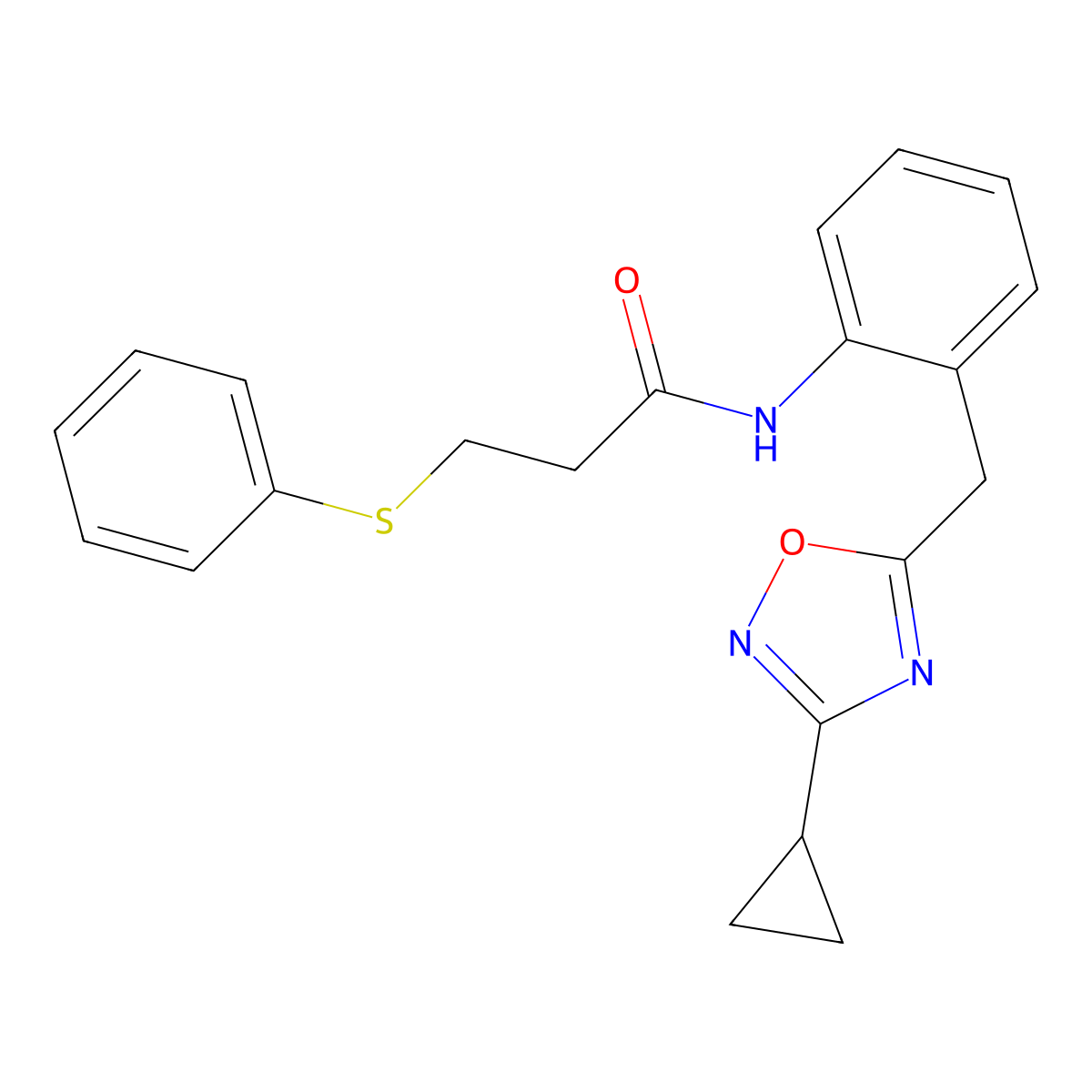 N-(2-((3-cyclopropyl-1,2,4-oxadiazol-5-yl)methyl)phenyl)-3-(phenylthio)propanamide molecular structure, CAS 1797303-74-2