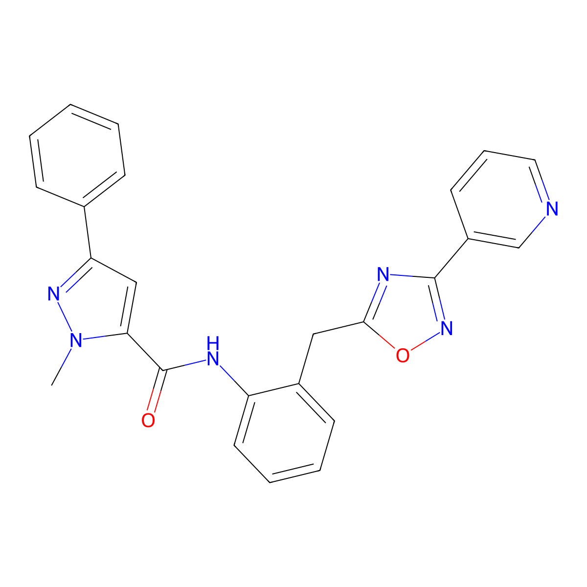 1-methyl-3-phenyl-N-(2-{[3-(pyridin-3-yl)-1,2,4-oxadiazol-5-yl]methyl}phenyl)-1H-pyrazole-5-carboxamide molecular structure, CAS 1797303-82-2