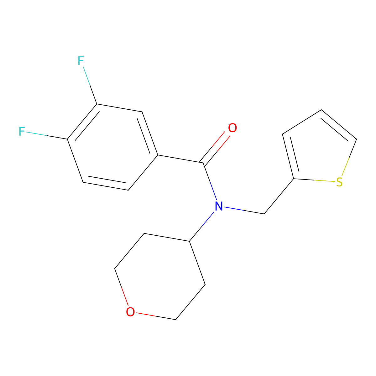 3,4-difluoro-N-(tetrahydro-2H-pyran-4-yl)-N-(thiophen-2-ylmethyl)benzamide molecular structure, CAS 1797305-16-8