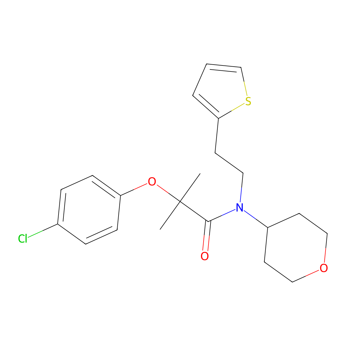 2-(4-chlorophenoxy)-2-methyl-N-(tetrahydro-2H-pyran-4-yl)-N-(2-(thiophen-2-yl)ethyl)propanamide molecular structure, CAS 1797305-27-1