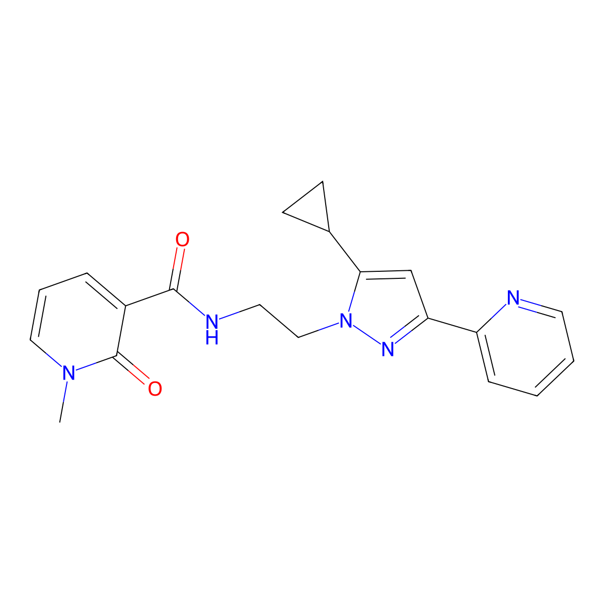 N-{2-[5-cyclopropyl-3-(pyridin-2-yl)-1H-pyrazol-1-yl]ethyl}-1-methyl-2-oxo-1,2-dihydropyridine-3-carboxamide molecular structure, CAS 1797306-81-0