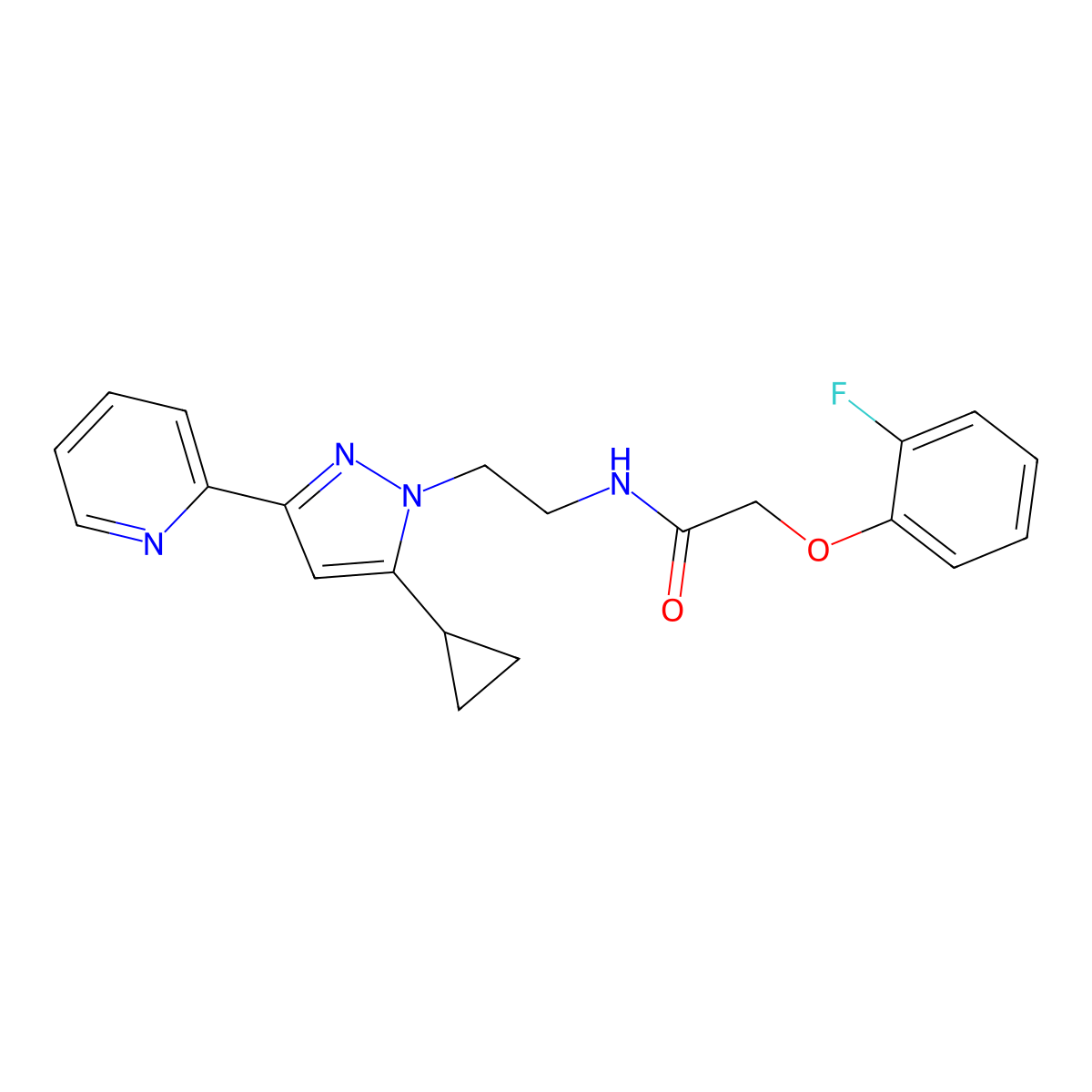 N-(2-(5-cyclopropyl-3-(pyridin-2-yl)-1H-pyrazol-1-yl)ethyl)-2-(2-fluorophenoxy)acetamide molecular structure, CAS 1797306-89-8