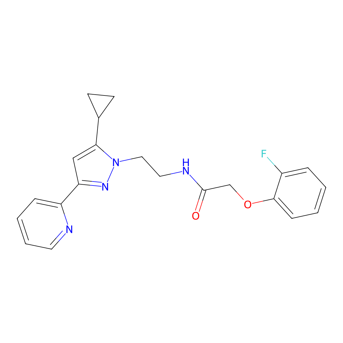 N-(2-(5-cyclopropyl-3-(pyridin-2-yl)-1H-pyrazol-1-yl)ethyl)-2-(2-fluorophenoxy)acetamide molecular structure, CAS 1797306-89-8