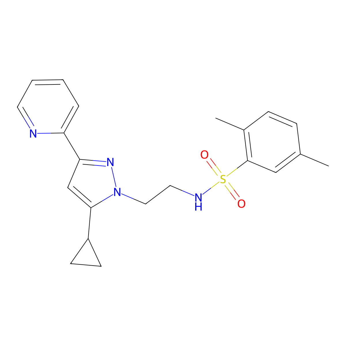 N-(2-(5-cyclopropyl-3-(pyridin-2-yl)-1H-pyrazol-1-yl)ethyl)-2,5-dimethylbenzenesulfonamide molecular structure, CAS 1797307-09-5