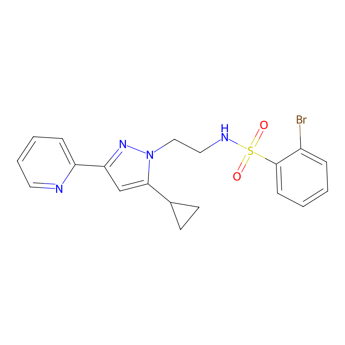 2-bromo-N-(2-(5-cyclopropyl-3-(pyridin-2-yl)-1H-pyrazol-1-yl)ethyl)benzenesulfonamide molecular structure, CAS 1797307-15-3