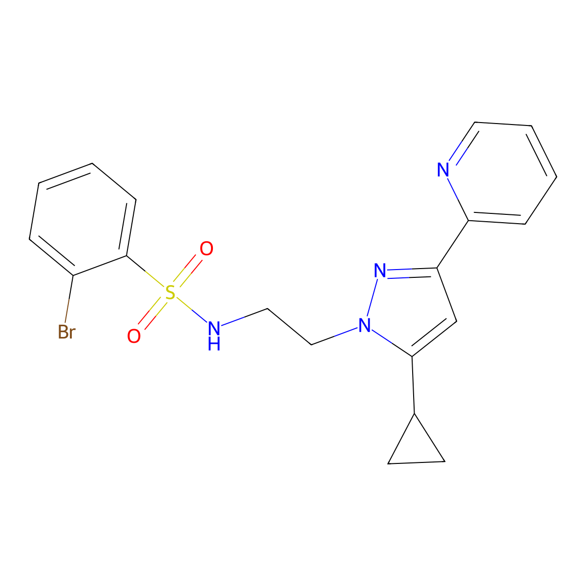 2-bromo-N-(2-(5-cyclopropyl-3-(pyridin-2-yl)-1H-pyrazol-1-yl)ethyl)benzenesulfonamide molecular structure, CAS 1797307-15-3