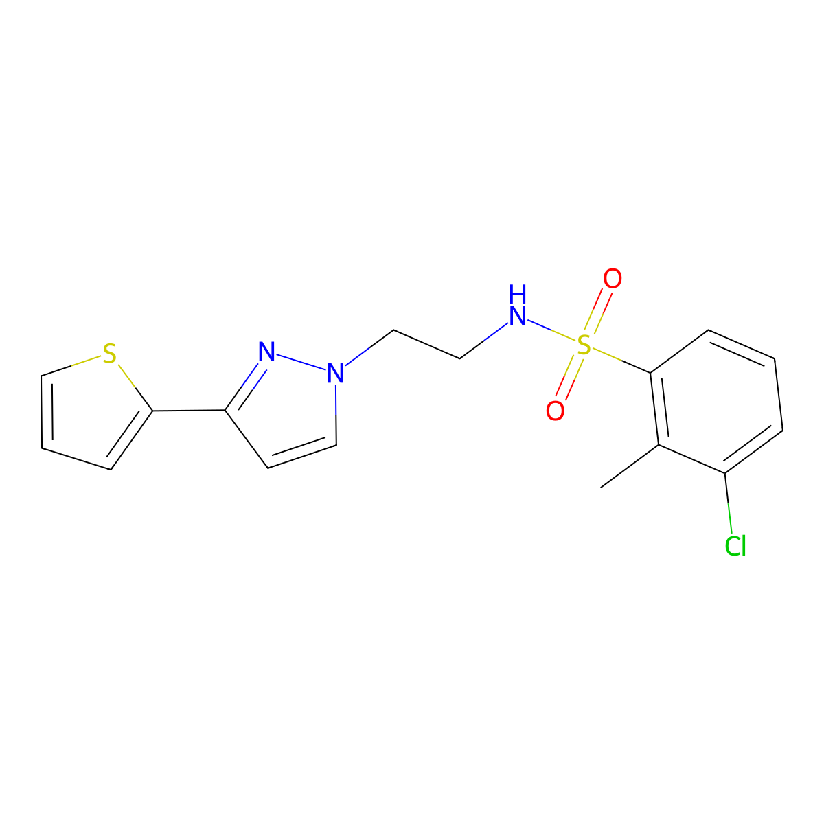 3-chloro-2-methyl-N-(2-(3-(thiophen-2-yl)-1H-pyrazol-1-yl)ethyl)benzenesulfonamide molecular structure, CAS 1797307-64-2