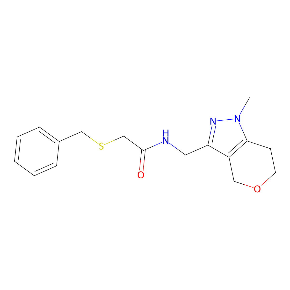 2-(benzylthio)-N-((1-methyl-1,4,6,7-tetrahydropyrano[4,3-c]pyrazol-3-yl)methyl)acetamide molecular structure, CAS 1797308-01-0
