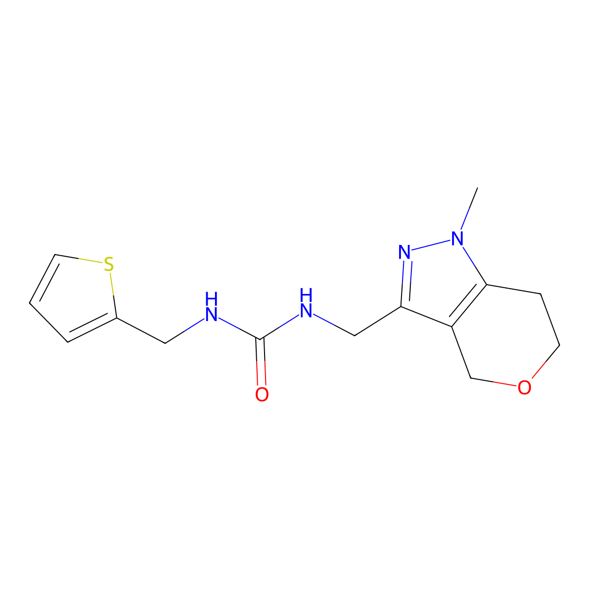1-((1-Methyl-1,4,6,7-tetrahydropyrano[4,3-c]pyrazol-3-yl)methyl)-3-(thiophen-2-ylmethyl)urea molecular structure, CAS 1797308-13-4