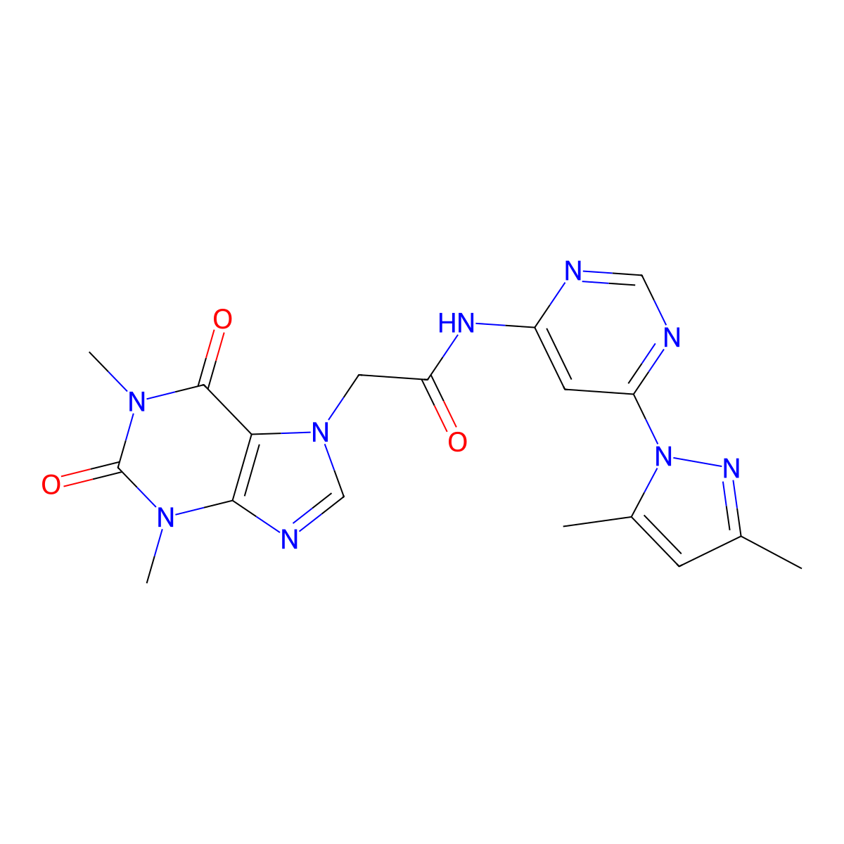 N-(6-(3,5-dimethyl-1H-pyrazol-1-yl)pyrimidin-4-yl)-2-(1,3-dimethyl-2,6-dioxo-2,3-dihydro-1H-purin-7(6H)-yl)acetamide molecular structure, CAS 1797316-17-6