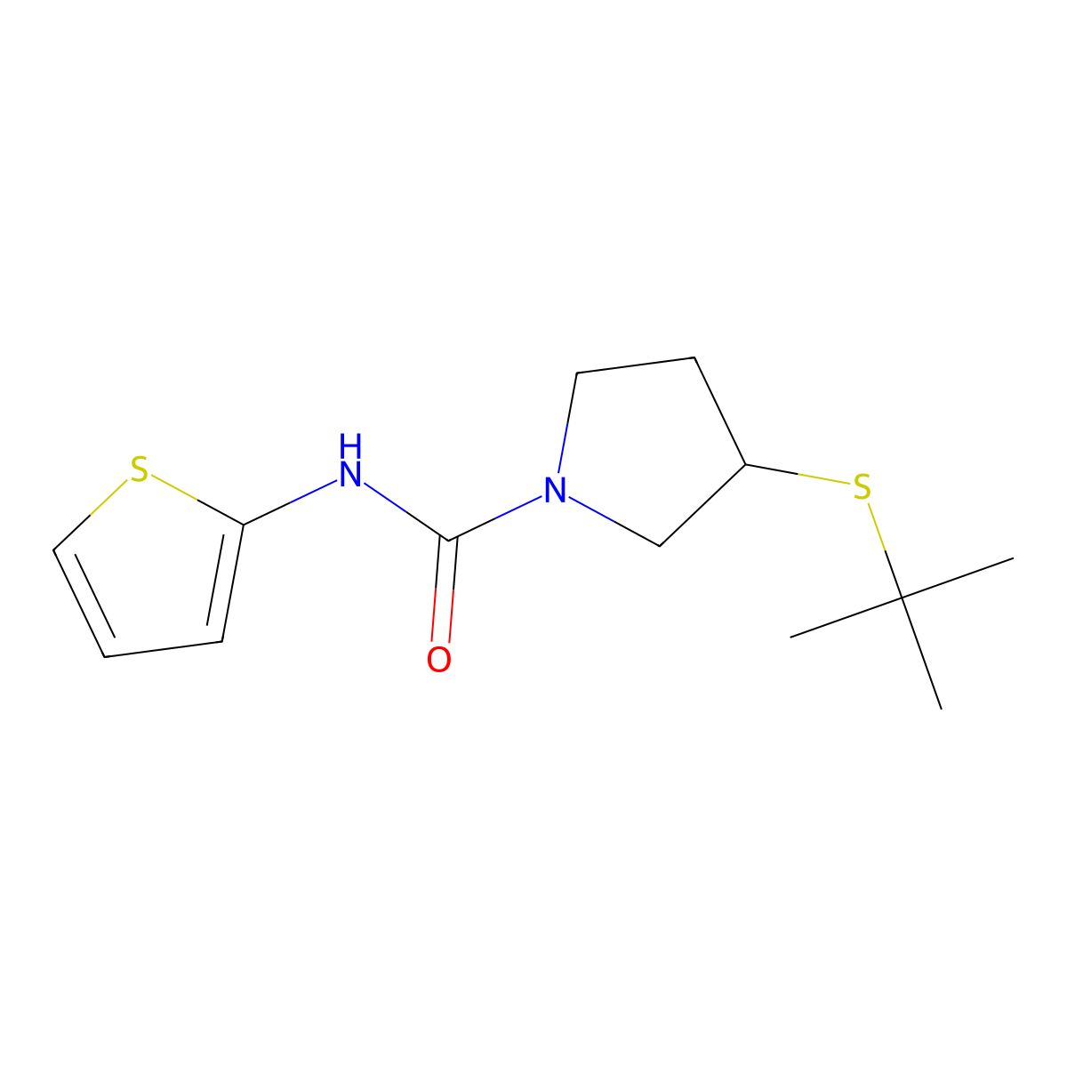 3-(tert-butylthio)-N-(thiophen-2-yl)pyrrolidine-1-carboxamide molecular structure, CAS 1797316-82-5