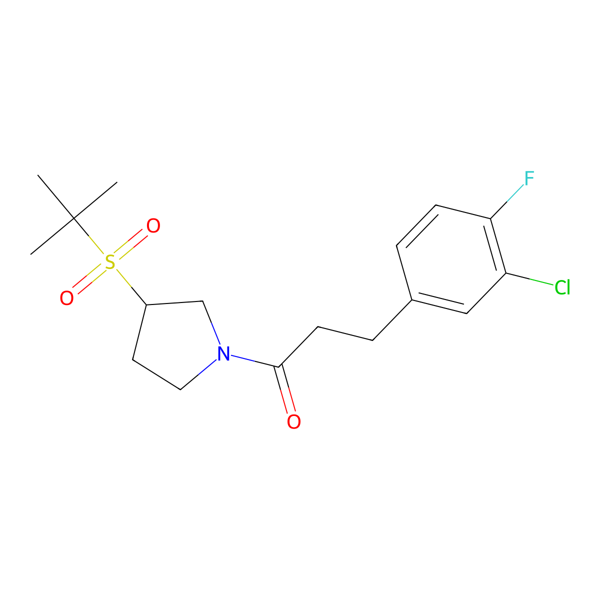 1-(3-(Tert-butylsulfonyl)pyrrolidin-1-yl)-3-(3-chloro-4-fluorophenyl)propan-1-one molecular structure, CAS 1797317-10-2