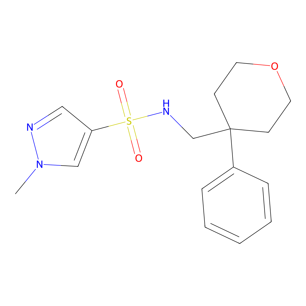 1-methyl-N-((4-phenyltetrahydro-2H-pyran-4-yl)methyl)-1H-pyrazole-4-sulfonamide molecular structure, CAS 1797317-79-3