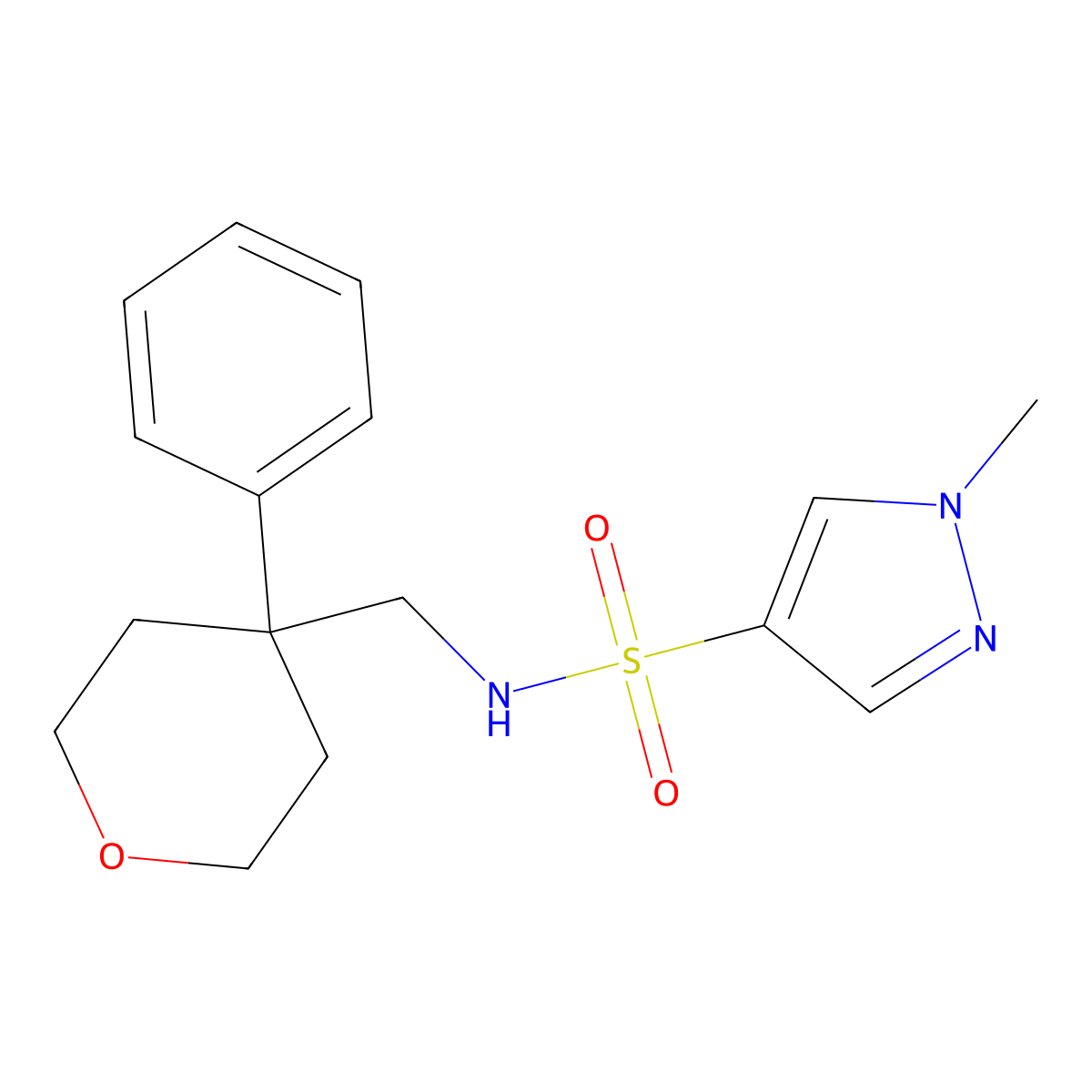 1-methyl-N-((4-phenyltetrahydro-2H-pyran-4-yl)methyl)-1H-pyrazole-4-sulfonamide molecular structure, CAS 1797317-79-3