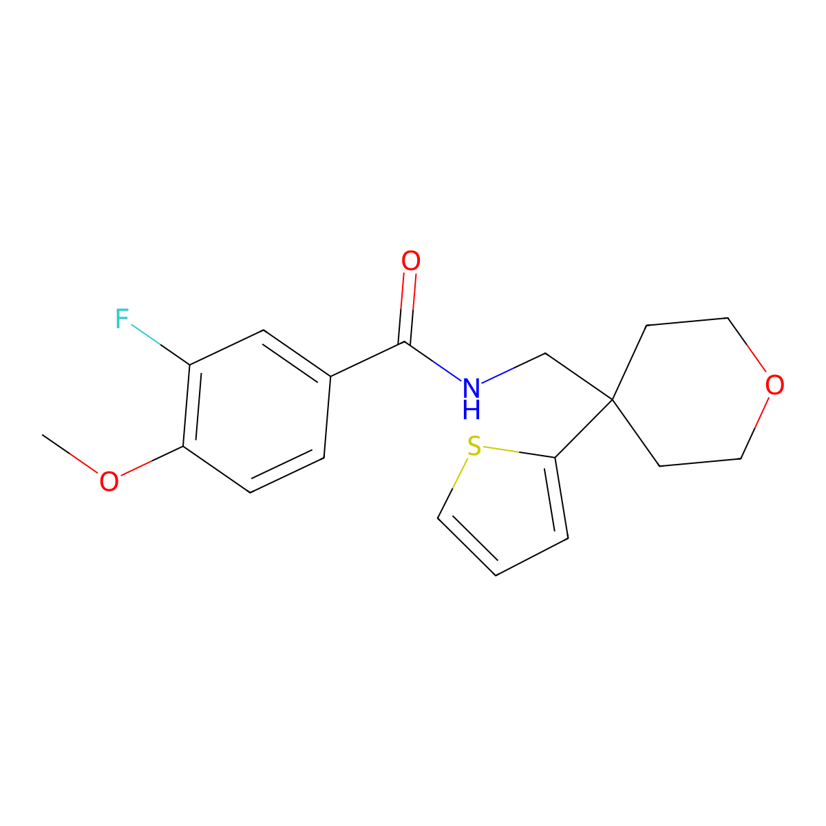 3-fluoro-4-methoxy-N-((4-(thiophen-2-yl)tetrahydro-2H-pyran-4-yl)methyl)benzamide molecular structure, CAS 1797317-92-0
