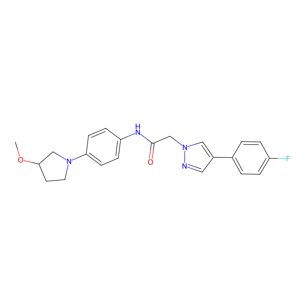 2-(4-(4-fluorophenyl)-1H-pyrazol-1-yl)-N-(4-(3-methoxypyrrolidin-1-yl)phenyl)acetamide molecular structure, CAS 1797317-98-6