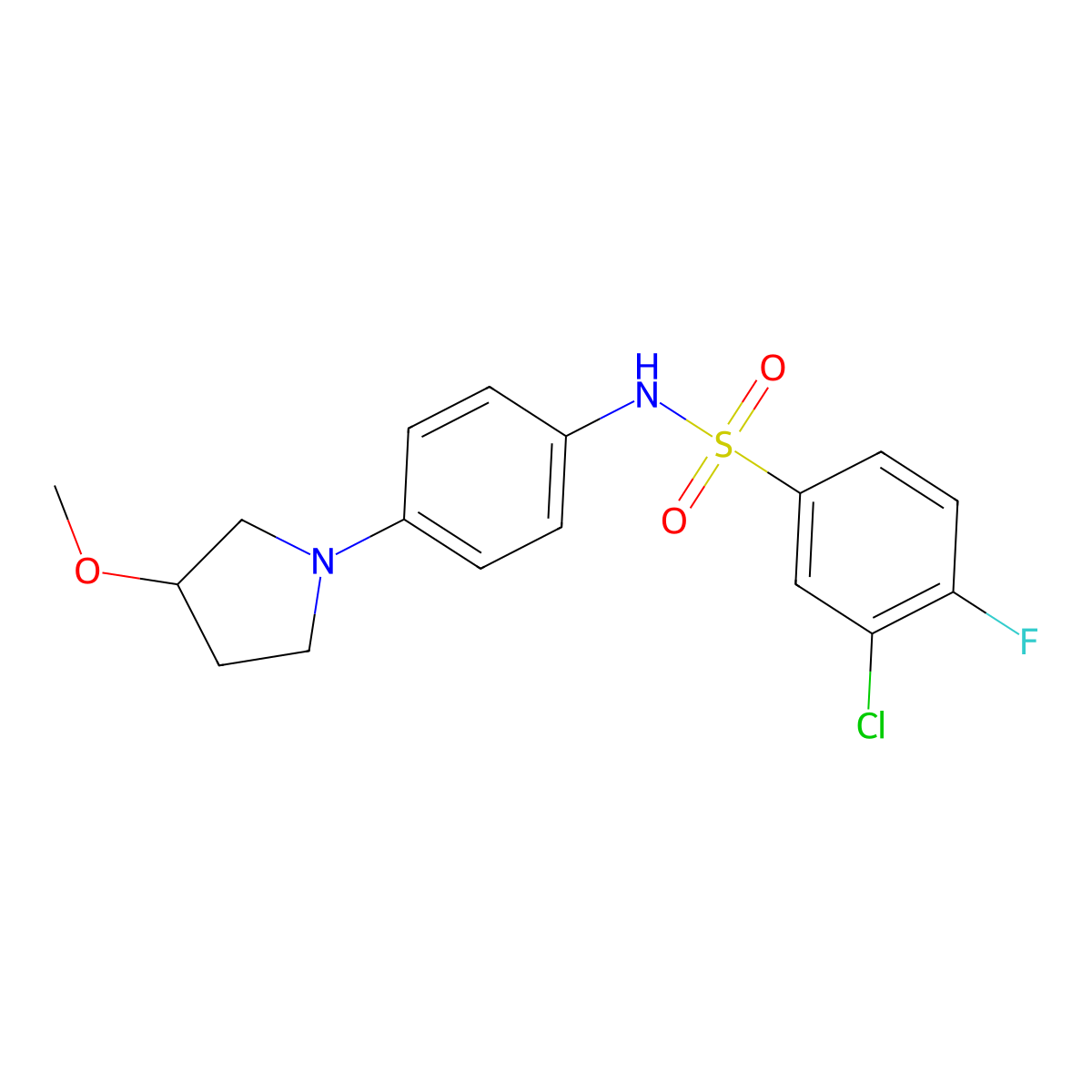 3-chloro-4-fluoro-N-(4-(3-methoxypyrrolidin-1-yl)phenyl)benzenesulfonamide molecular structure, CAS 1797318-03-6
