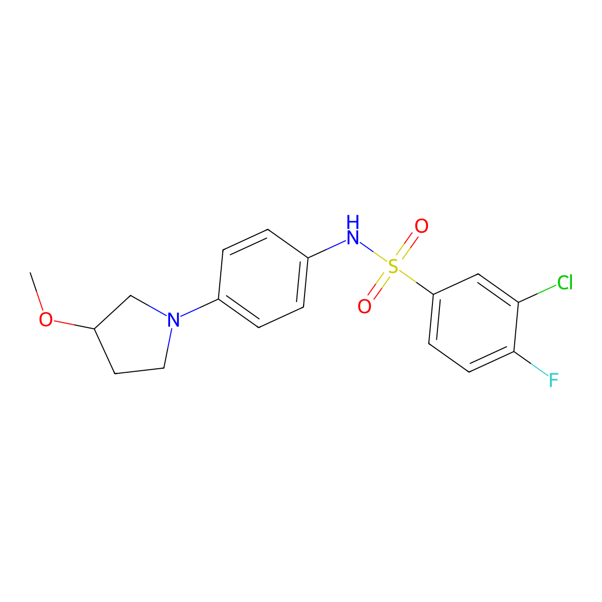 3-chloro-4-fluoro-N-(4-(3-methoxypyrrolidin-1-yl)phenyl)benzenesulfonamide molecular structure, CAS 1797318-03-6