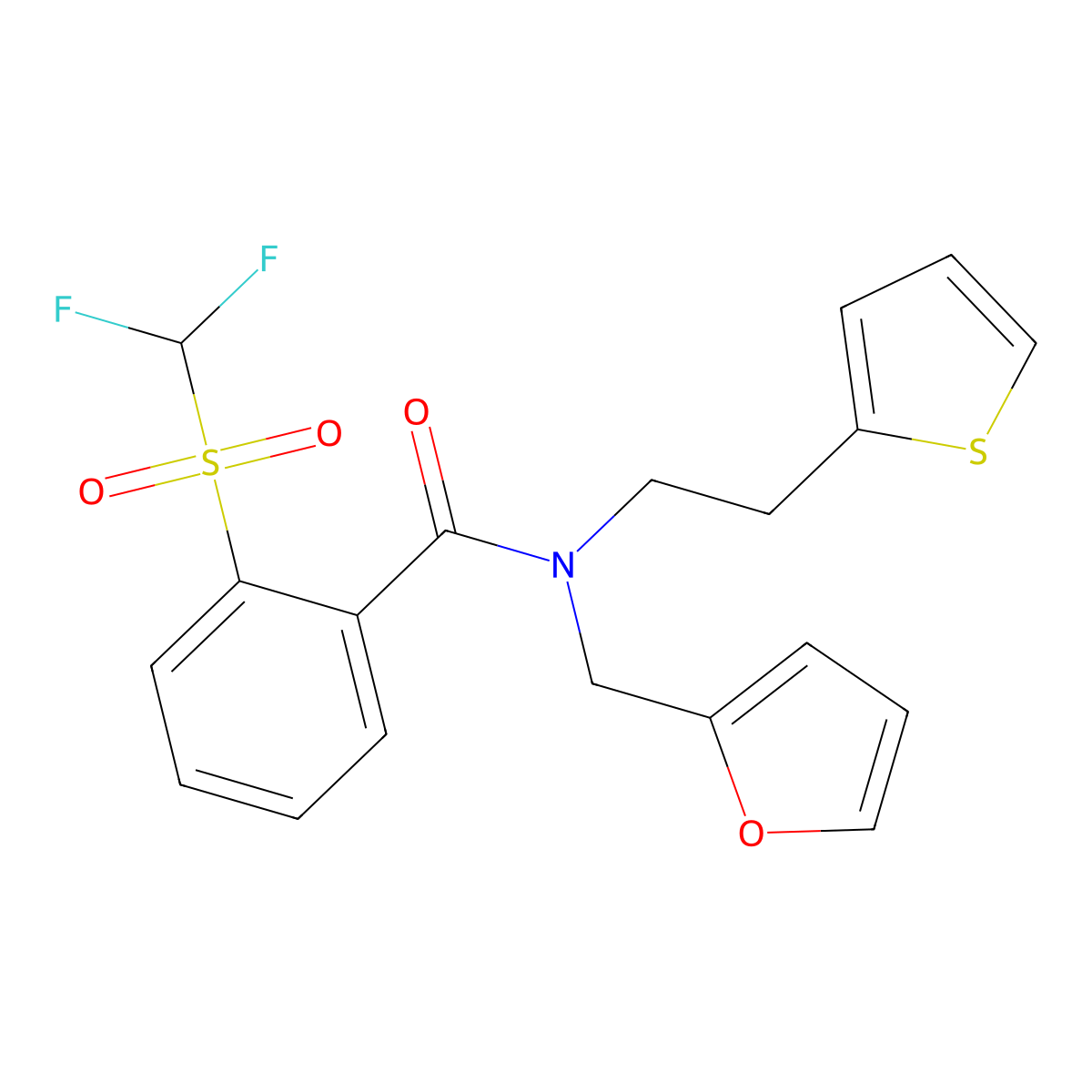 2-((difluoromethyl)sulfonyl)-N-(furan-2-ylmethyl)-N-(2-(thiophen-2-yl)ethyl)benzamide molecular structure, CAS 1797318-07-0