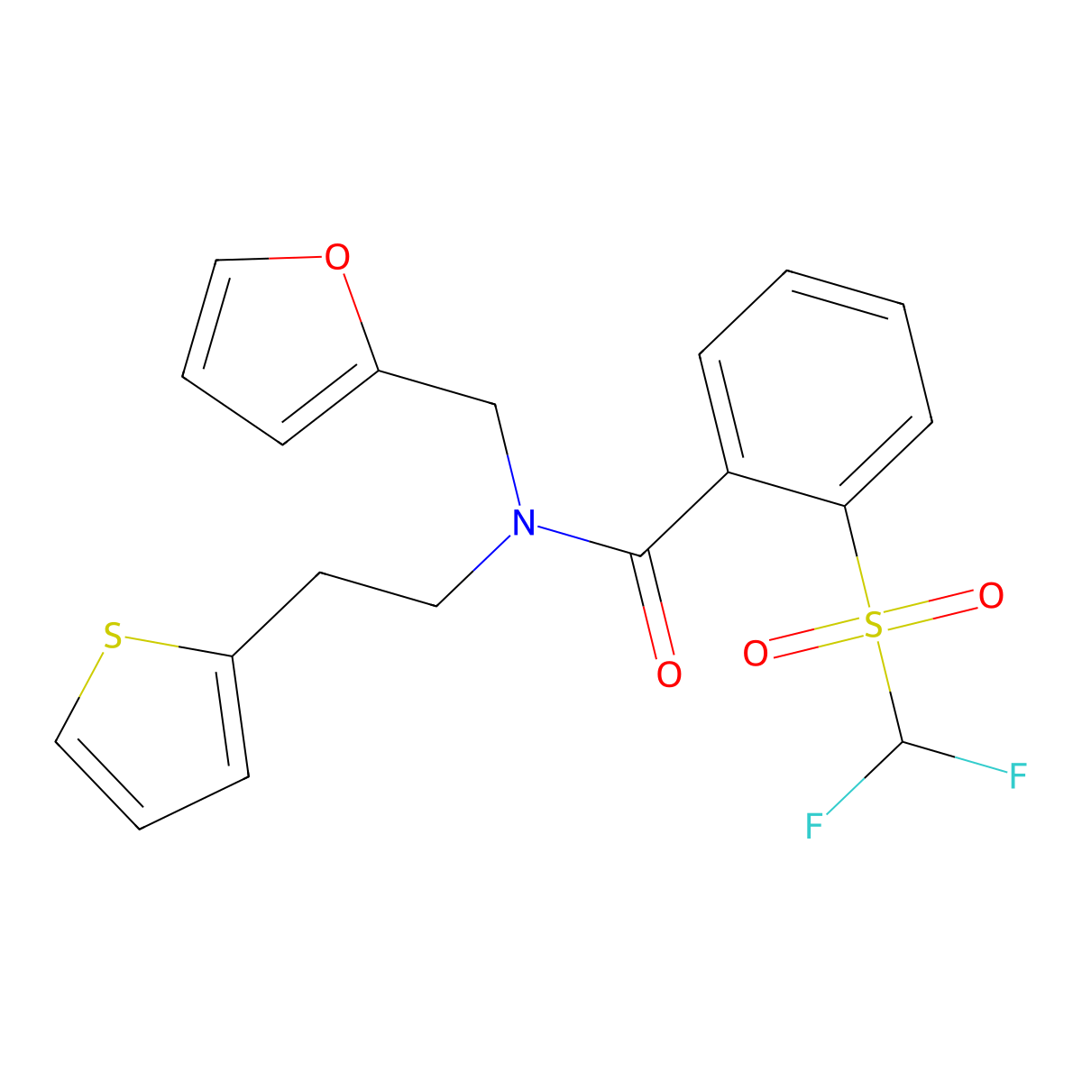 2-((difluoromethyl)sulfonyl)-N-(furan-2-ylmethyl)-N-(2-(thiophen-2-yl)ethyl)benzamide molecular structure, CAS 1797318-07-0