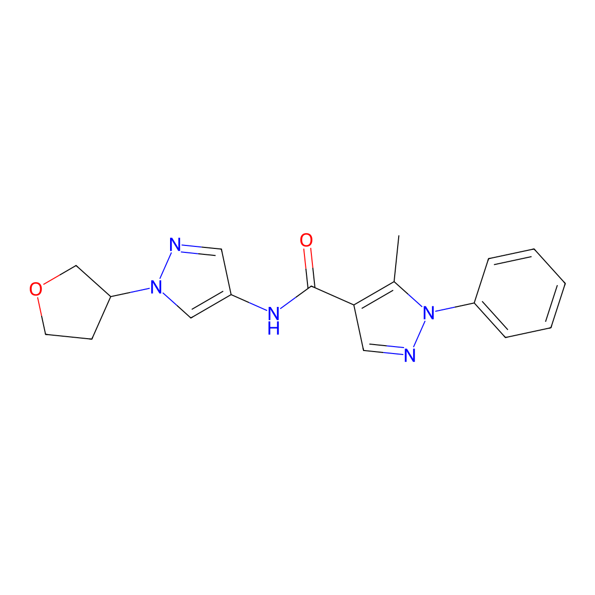 5-methyl-1-phenyl-N-(1-(tetrahydrofuran-3-yl)-1H-pyrazol-4-yl)-1H-pyrazole-4-carboxamide molecular structure, CAS 1797318-29-6