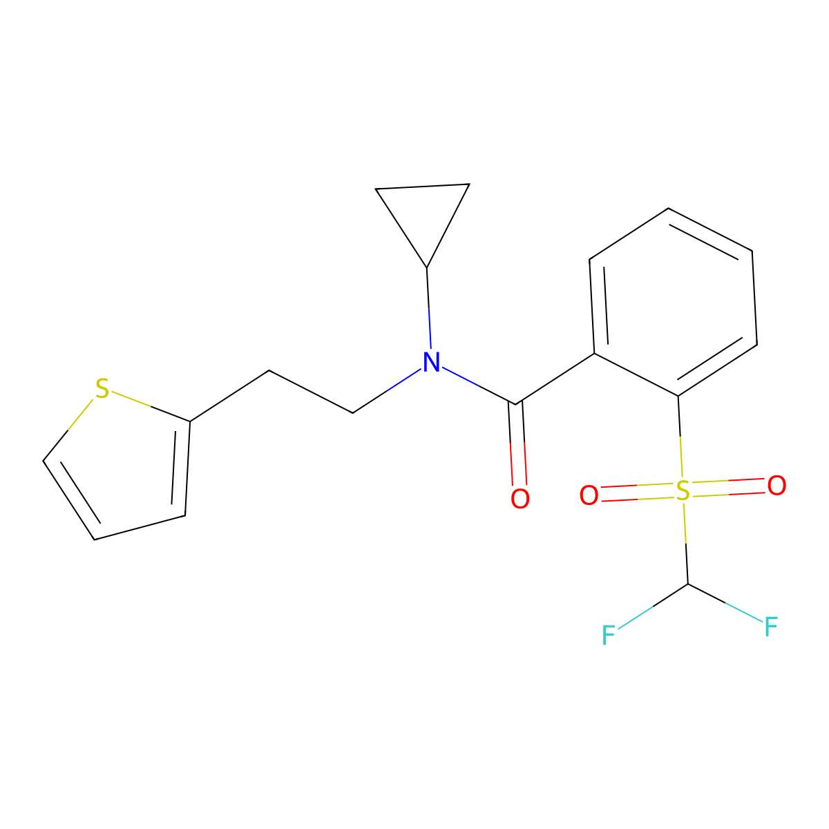 N-cyclopropyl-2-((difluoromethyl)sulfonyl)-N-(2-(thiophen-2-yl)ethyl)benzamide molecular structure, CAS 1797318-32-1