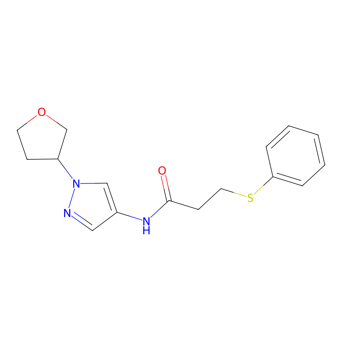 3-(phenylthio)-N-(1-(tetrahydrofuran-3-yl)-1H-pyrazol-4-yl)propanamide molecular structure, CAS 1797318-62-7