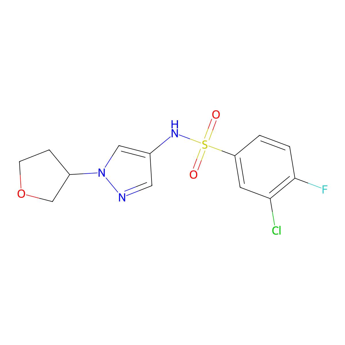 3-chloro-4-fluoro-N-(1-(tetrahydrofuran-3-yl)-1H-pyrazol-4-yl)benzenesulfonamide molecular structure, CAS 1797318-98-9