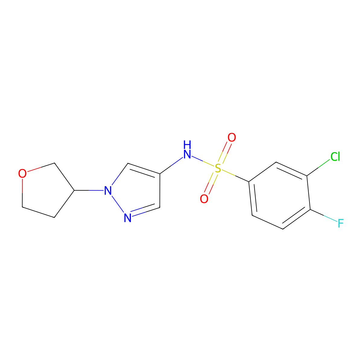 3-chloro-4-fluoro-N-(1-(tetrahydrofuran-3-yl)-1H-pyrazol-4-yl)benzenesulfonamide molecular structure, CAS 1797318-98-9