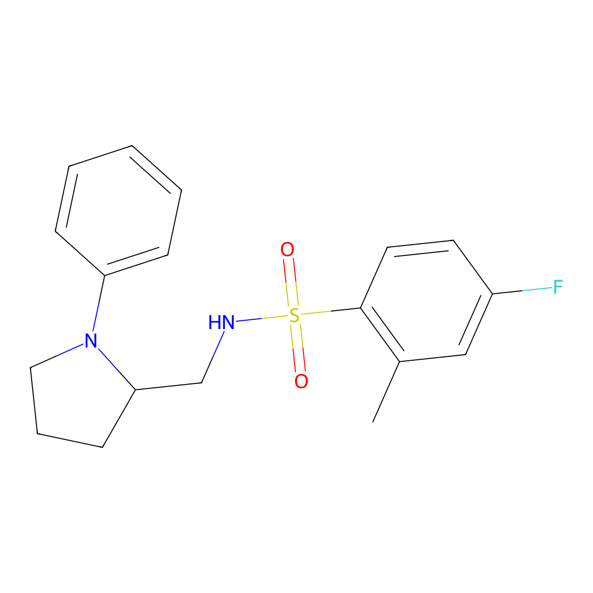 4-fluoro-2-methyl-N-((1-phenylpyrrolidin-2-yl)methyl)benzenesulfonamide molecular structure, CAS 1797320-03-6