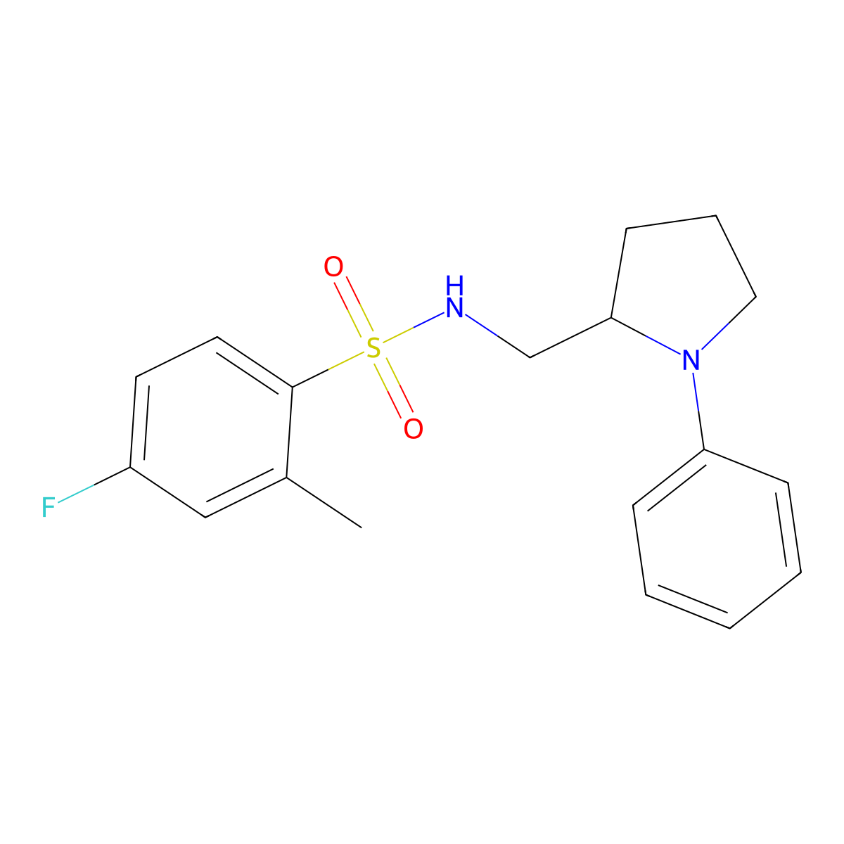 4-fluoro-2-methyl-N-((1-phenylpyrrolidin-2-yl)methyl)benzenesulfonamide molecular structure, CAS 1797320-03-6