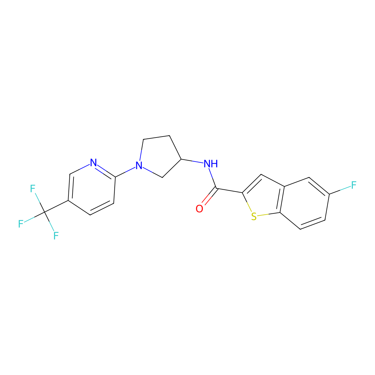5-fluoro-N-(1-(5-(trifluoromethyl)pyridin-2-yl)pyrrolidin-3-yl)benzo[b]thiophene-2-carboxamide molecular structure, CAS 1797320-25-2