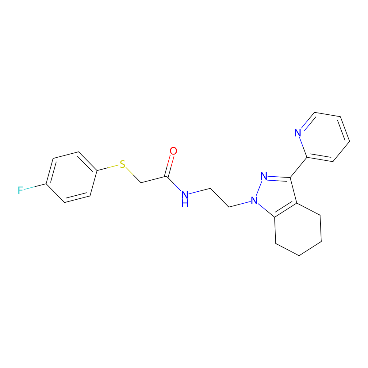 2-((4-fluorophenyl)thio)-N-(2-(3-(pyridin-2-yl)-4,5,6,7-tetrahydro-1H-indazol-1-yl)ethyl)acetamide molecular structure, CAS 1797326-48-7