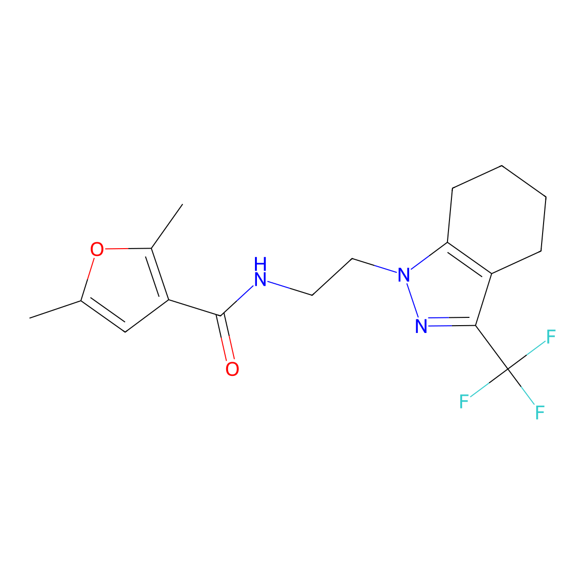 2,5-dimethyl-N-{2-[3-(trifluoromethyl)-4,5,6,7-tetrahydro-1H-indazol-1-yl]ethyl}furan-3-carboxamide molecular structure, CAS 1797326-64-7