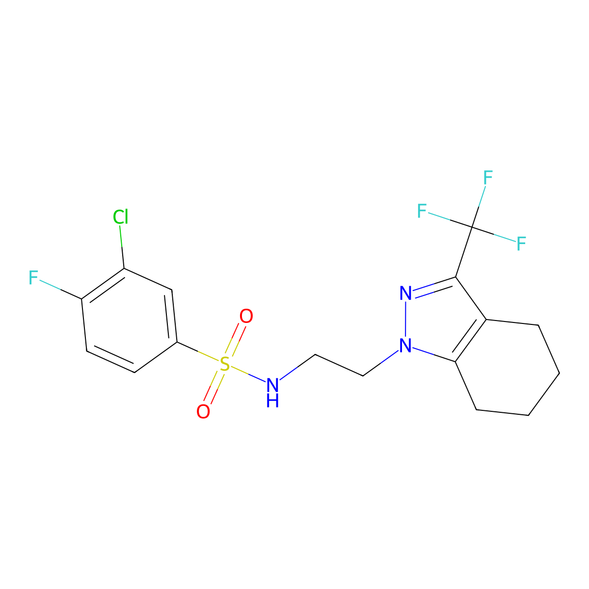 3-chloro-4-fluoro-N-(2-(3-(trifluoromethyl)-4,5,6,7-tetrahydro-1H-indazol-1-yl)ethyl)benzenesulfonamide molecular structure, CAS 1797326-97-6