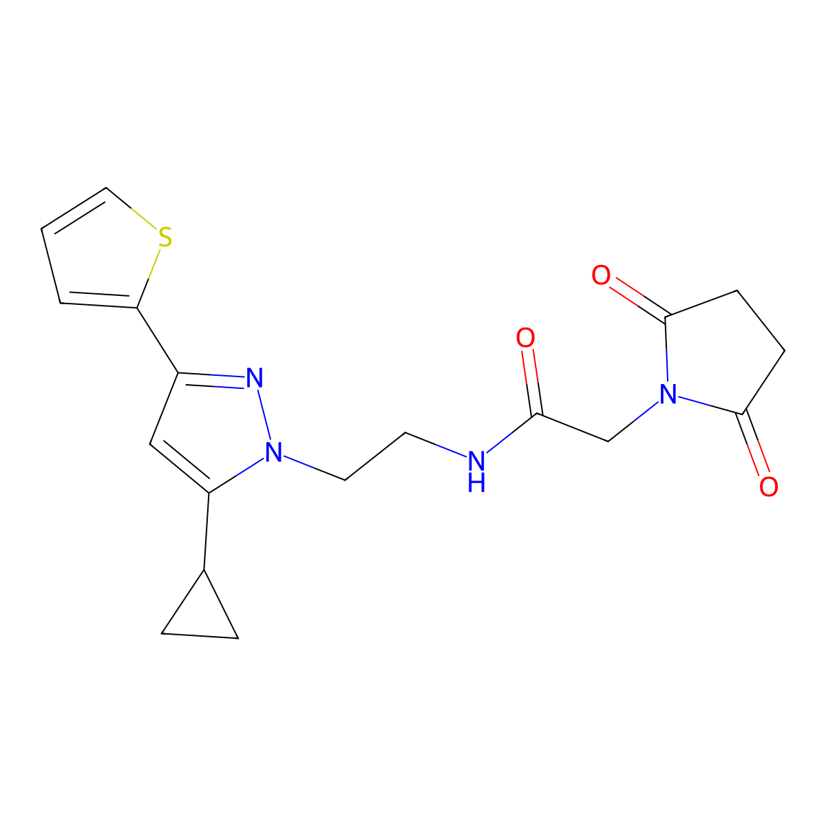 N-{2-[5-cyclopropyl-3-(thiophen-2-yl)-1H-pyrazol-1-yl]ethyl}-2-(2,5-dioxopyrrolidin-1-yl)acetamide molecular structure, CAS 1797327-16-2