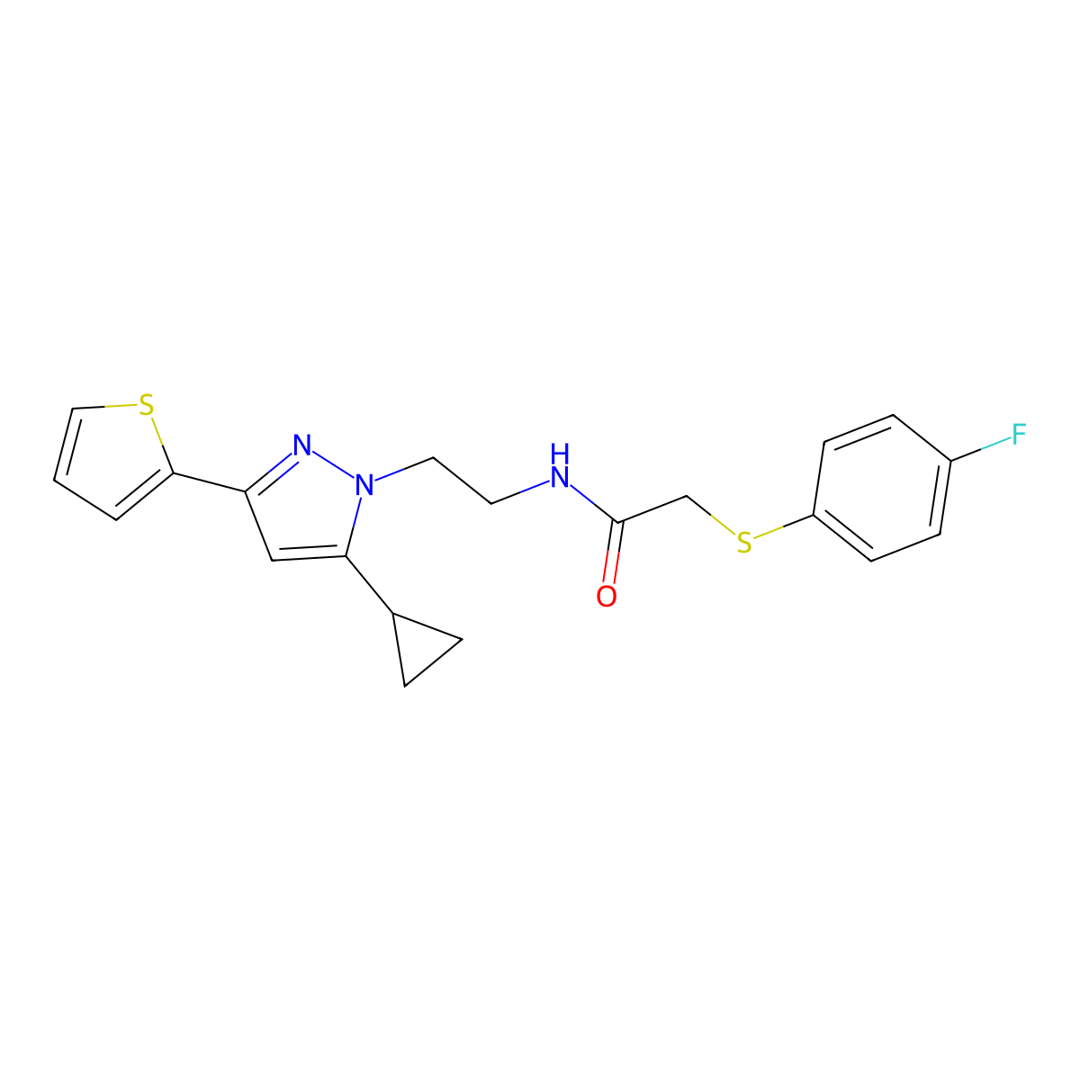 N-(2-(5-cyclopropyl-3-(thiophen-2-yl)-1H-pyrazol-1-yl)ethyl)-2-((4-fluorophenyl)thio)acetamide molecular structure, CAS 1797327-23-1