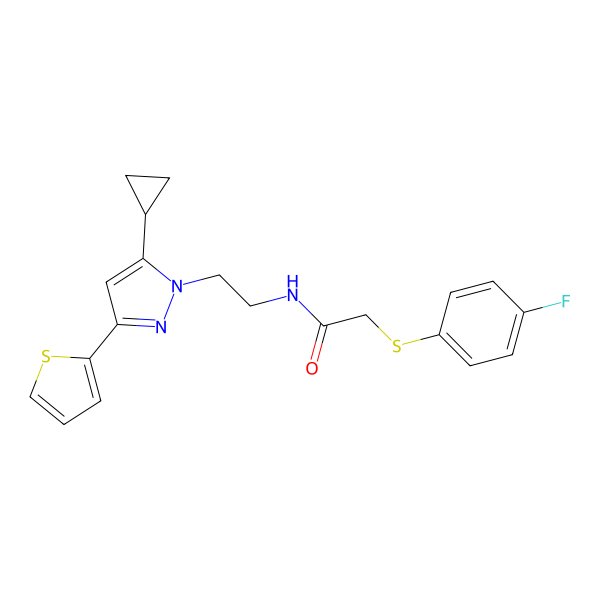 N-(2-(5-cyclopropyl-3-(thiophen-2-yl)-1H-pyrazol-1-yl)ethyl)-2-((4-fluorophenyl)thio)acetamide molecular structure, CAS 1797327-23-1
