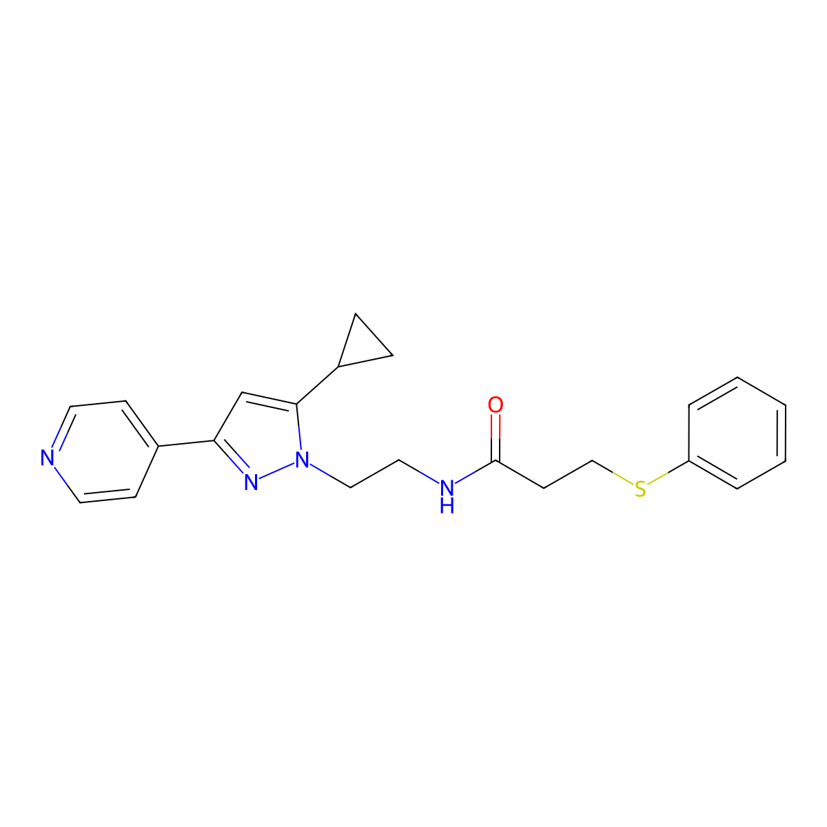 N-(2-(5-cyclopropyl-3-(pyridin-4-yl)-1H-pyrazol-1-yl)ethyl)-3-(phenylthio)propanamide molecular structure, CAS 1797327-45-7