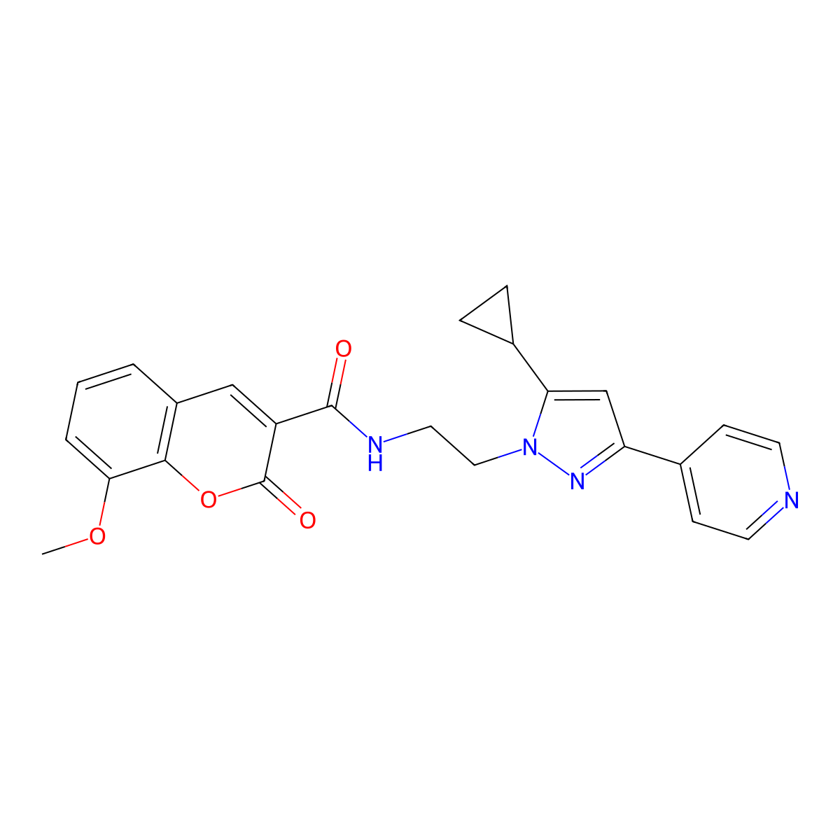 N-(2-(5-cyclopropyl-3-(pyridin-4-yl)-1H-pyrazol-1-yl)ethyl)-8-methoxy-2-oxo-2H-chromene-3-carboxamide molecular structure, CAS 1797327-50-4