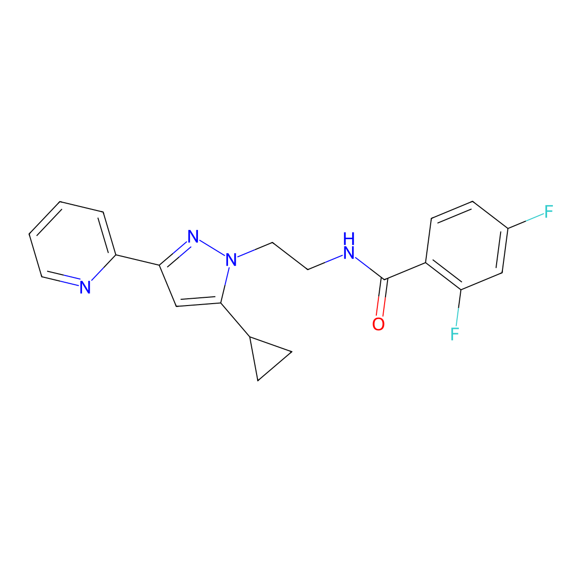 N-{2-[5-cyclopropyl-3-(pyridin-2-yl)-1H-pyrazol-1-yl]ethyl}-2,4-difluorobenzamide molecular structure, CAS 1797327-86-6