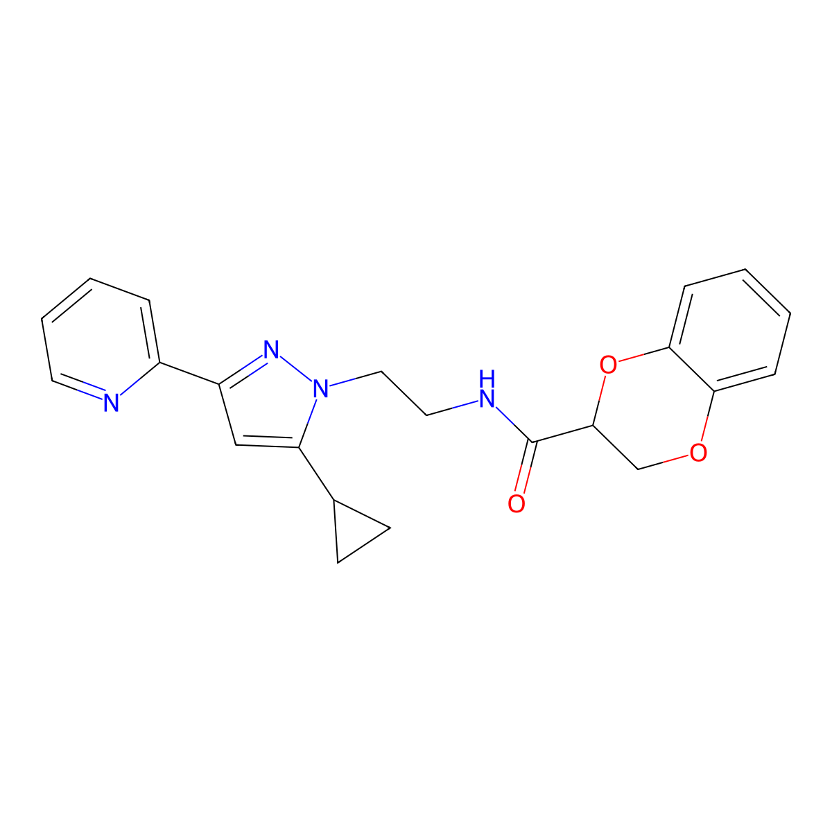 N-{2-[5-cyclopropyl-3-(pyridin-2-yl)-1H-pyrazol-1-yl]ethyl}-2,3-dihydro-1,4-benzodioxine-2-carboxamide molecular structure, CAS 1797327-94-6