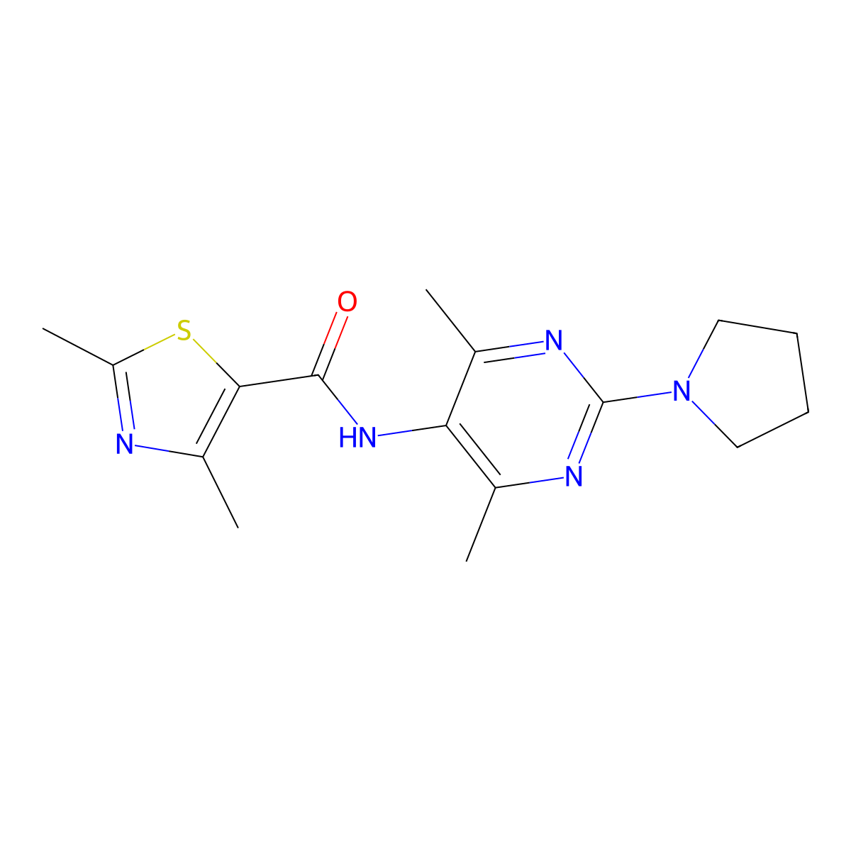 N-[4,6-Dimethyl-2-(pyrrolidin-1-YL)pyrimidin-5-YL]-2,4-dimethyl-1,3-thiazole-5-carboxamide molecular structure, CAS 1797328-07-4