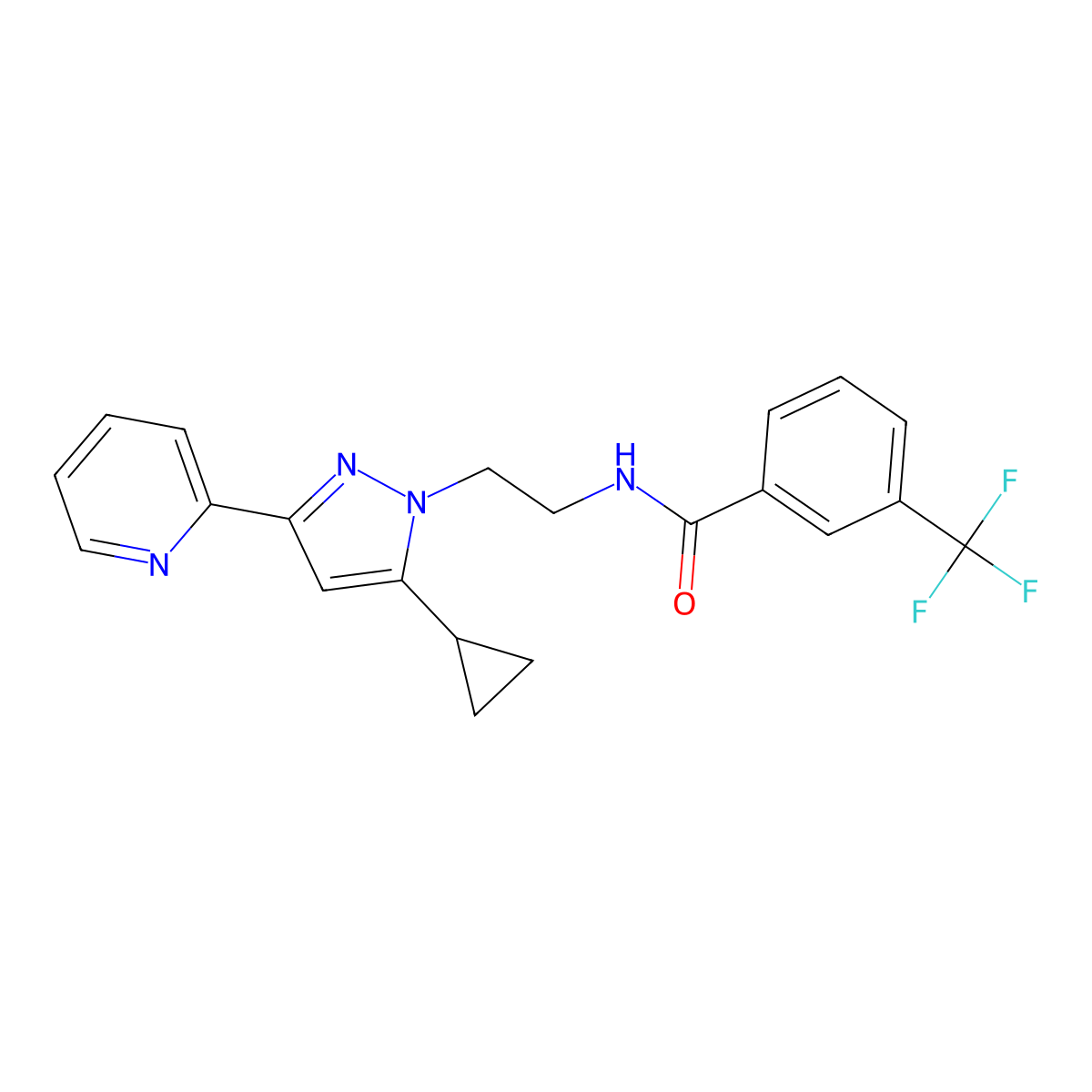 N-(2-(5-cyclopropyl-3-(pyridin-2-yl)-1H-pyrazol-1-yl)ethyl)-3-(trifluoromethyl)benzamide molecular structure, CAS 1797328-08-5