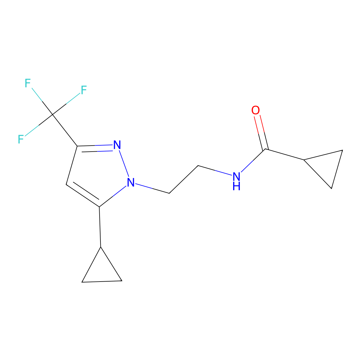 N-{2-[5-cyclopropyl-3-(trifluoromethyl)-1H-pyrazol-1-yl]ethyl}cyclopropanecarboxamide molecular structure, CAS 1797328-38-1