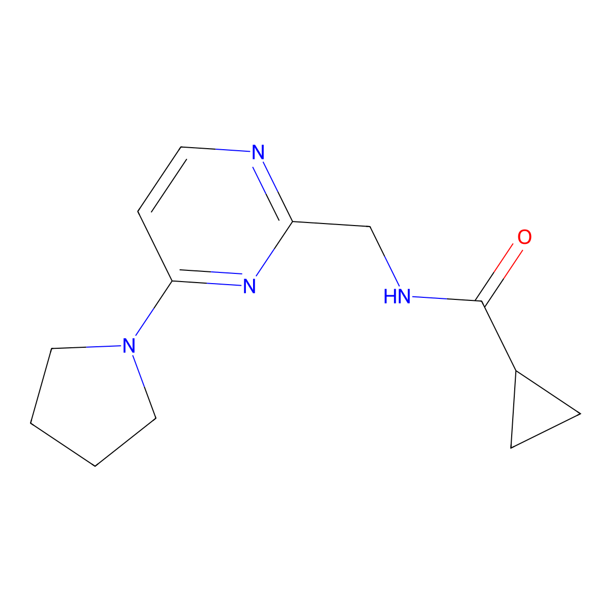 N-{[4-(pyrrolidin-1-yl)pyrimidin-2-yl]methyl}cyclopropanecarboxamide molecular structure, CAS 1797328-42-7