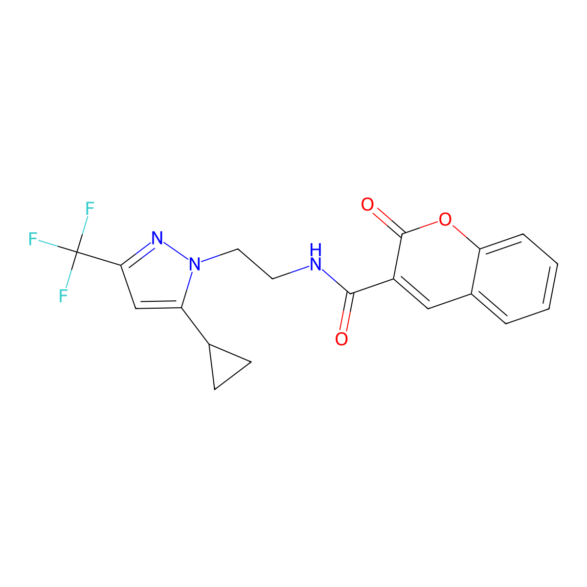N-(2-(5-cyclopropyl-3-(trifluoromethyl)-1H-pyrazol-1-yl)ethyl)-2-oxo-2H-chromene-3-carboxamide molecular structure, CAS 1797328-44-9