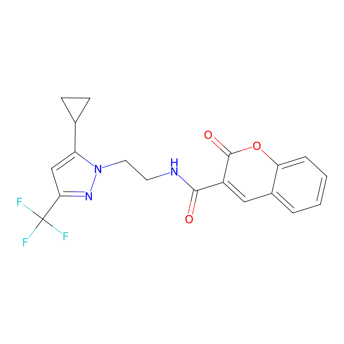 N-(2-(5-cyclopropyl-3-(trifluoromethyl)-1H-pyrazol-1-yl)ethyl)-2-oxo-2H-chromene-3-carboxamide molecular structure, CAS 1797328-44-9