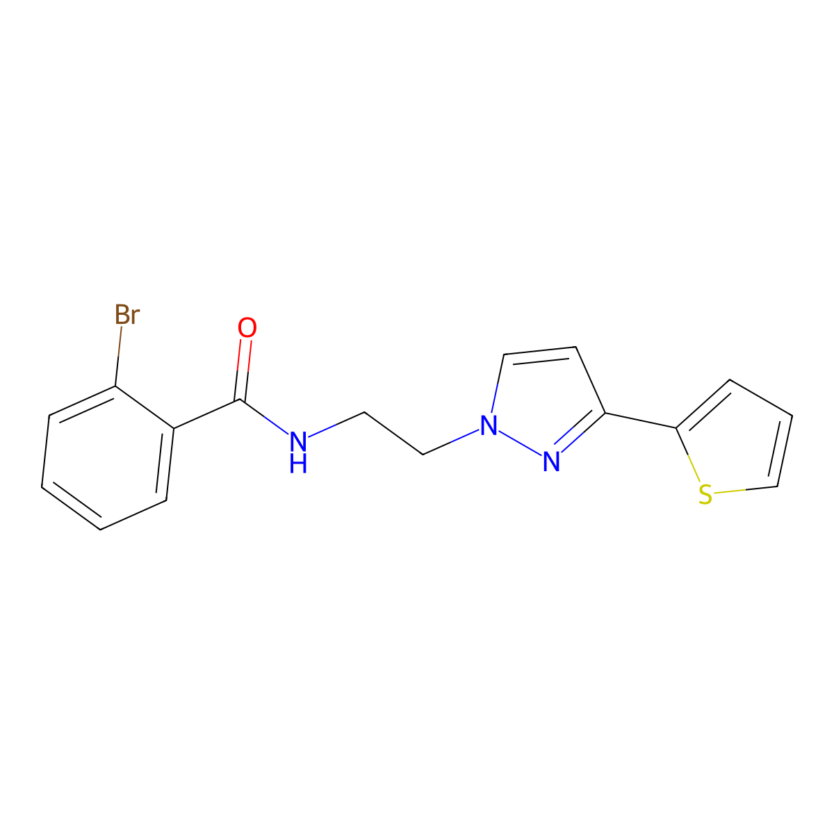 2-bromo-N-(2-(3-(thiophen-2-yl)-1H-pyrazol-1-yl)ethyl)benzamide molecular structure, CAS 1797328-48-3